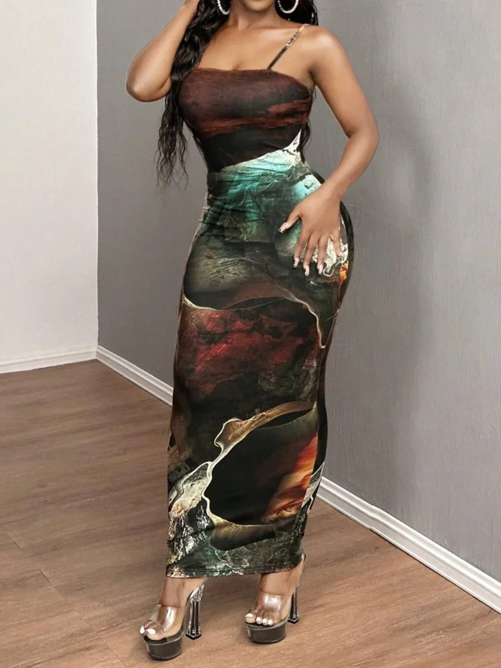 Multicolor Sexy Women's Fitted Maxi Marble Print Cami Dress - Picture 1 of 4
